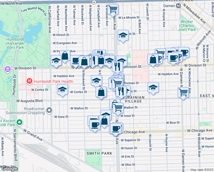 map of restaurants, bars, coffee shops, grocery stores, and more near 2437 West Thomas Street in Chicago