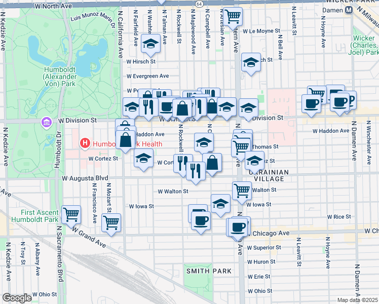 map of restaurants, bars, coffee shops, grocery stores, and more near 2551 West Thomas Street in Chicago
