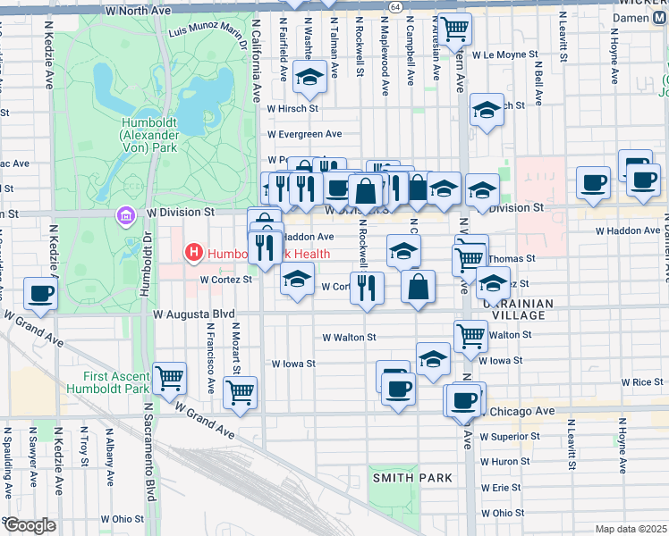 map of restaurants, bars, coffee shops, grocery stores, and more near 2625 West Thomas Street in Chicago