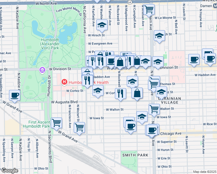 map of restaurants, bars, coffee shops, grocery stores, and more near 2625 West Thomas Street in Chicago
