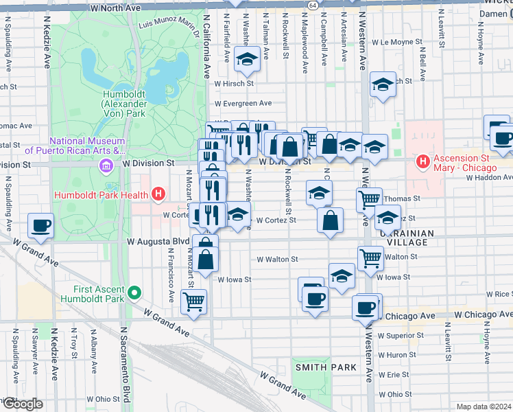 map of restaurants, bars, coffee shops, grocery stores, and more near 2701 West Thomas Street in Chicago