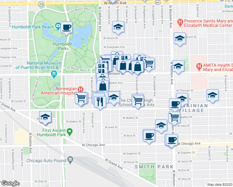 map of restaurants, bars, coffee shops, grocery stores, and more near 2701 West Thomas Street in Chicago