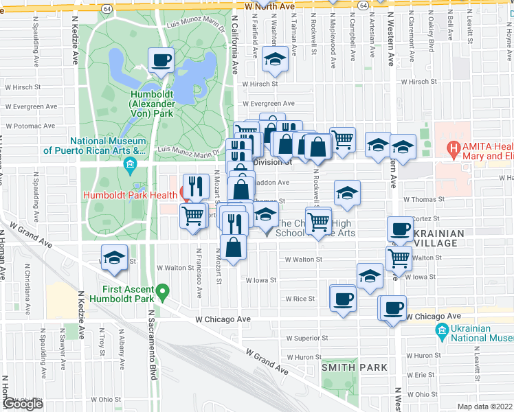 map of restaurants, bars, coffee shops, grocery stores, and more near 2741 West Thomas Street in Chicago