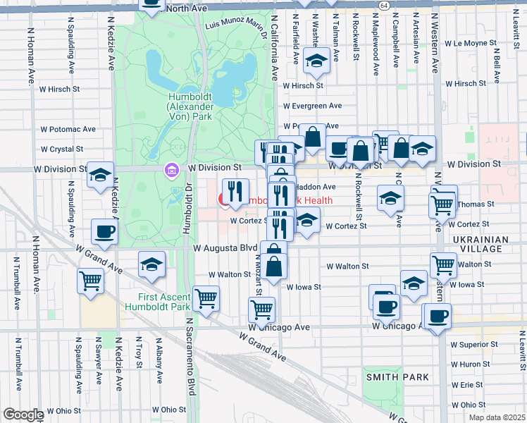 map of restaurants, bars, coffee shops, grocery stores, and more near in Chicago