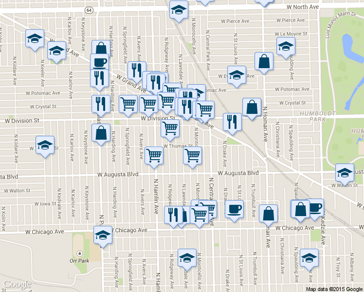 map of restaurants, bars, coffee shops, grocery stores, and more near 3656 West Thomas Street in Chicago