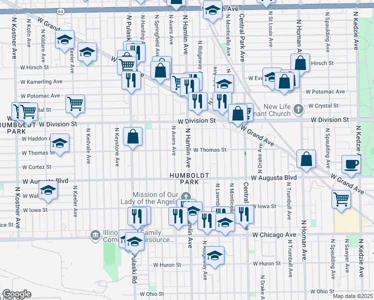 map of restaurants, bars, coffee shops, grocery stores, and more near 1100 North Hamlin Avenue in Chicago