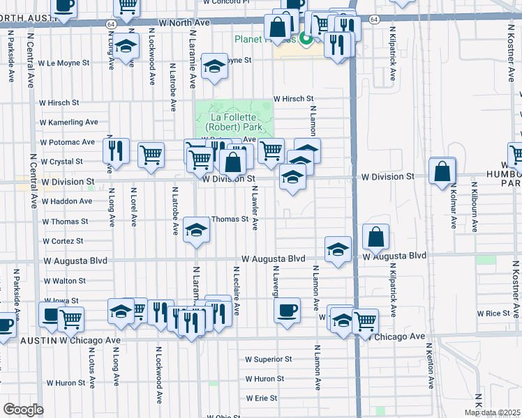 map of restaurants, bars, coffee shops, grocery stores, and more near 1117 North Lawler Avenue in Chicago