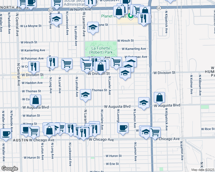 map of restaurants, bars, coffee shops, grocery stores, and more near 1117 North Leclaire Avenue in Chicago
