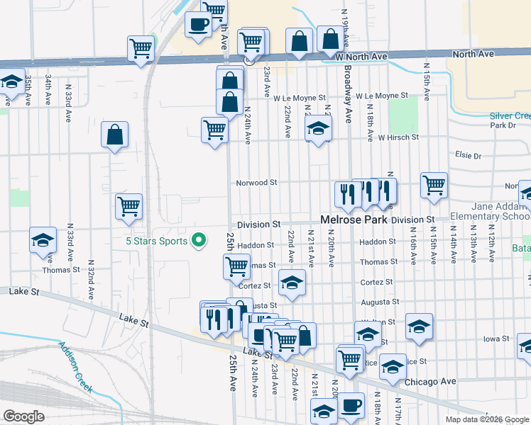 map of restaurants, bars, coffee shops, grocery stores, and more near 1515 North 24th Avenue in Melrose Park