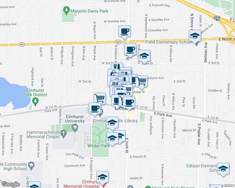 map of restaurants, bars, coffee shops, grocery stores, and more near 128 North Addison Avenue in Elmhurst