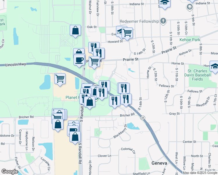 map of restaurants, bars, coffee shops, grocery stores, and more near 2036 Lincoln Highway in St. Charles