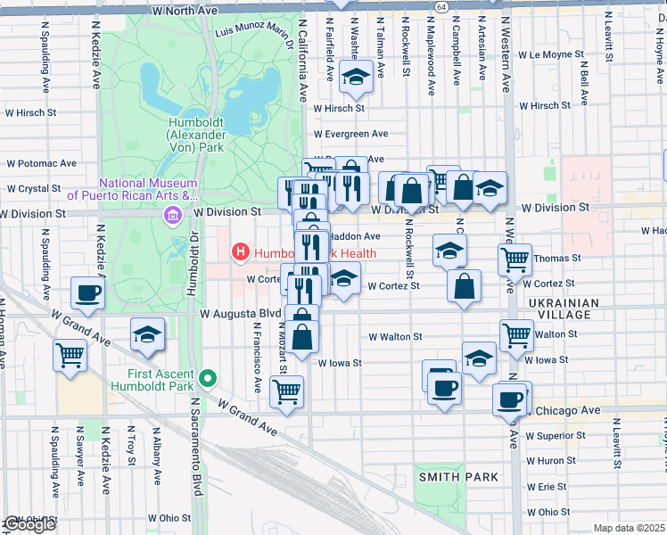 map of restaurants, bars, coffee shops, grocery stores, and more near 2729 West Thomas Street in Chicago