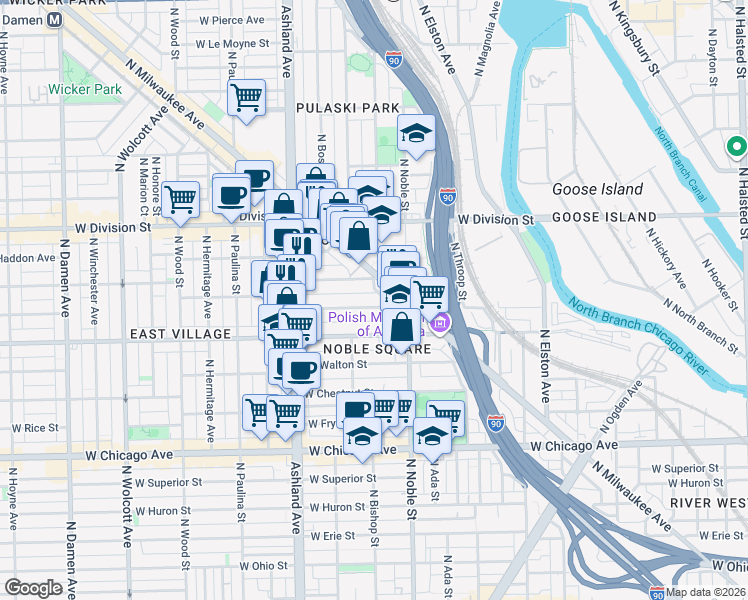 map of restaurants, bars, coffee shops, grocery stores, and more near 1434 West Cortez Street in Chicago