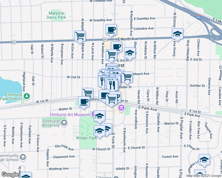 map of restaurants, bars, coffee shops, grocery stores, and more near 155 North York Street in Elmhurst