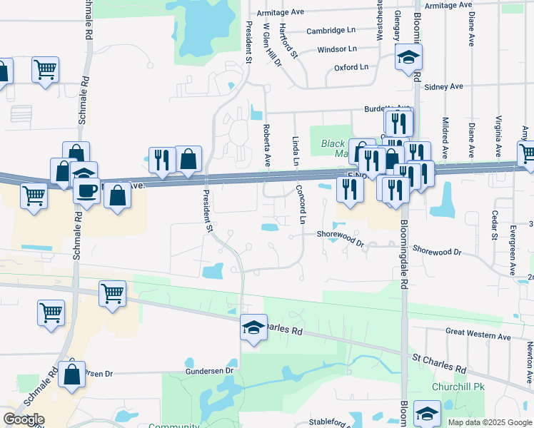 map of restaurants, bars, coffee shops, grocery stores, and more near 1112 Andover Court in Glendale Heights