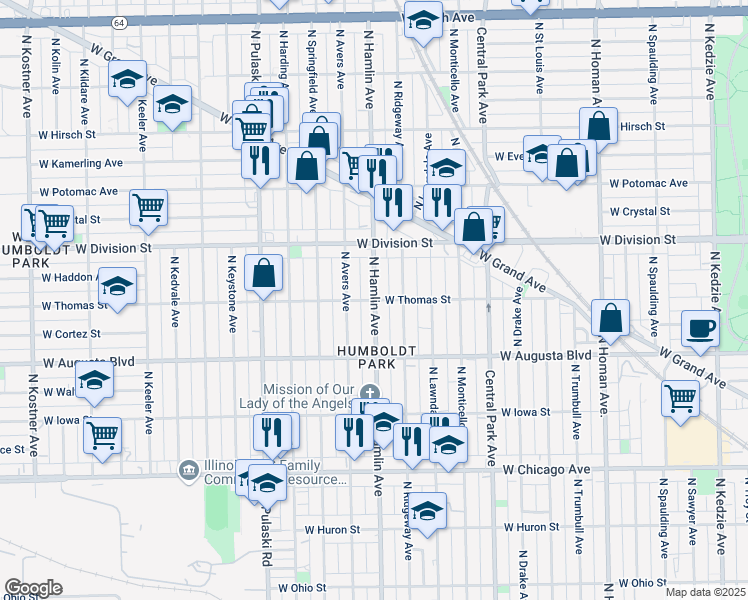 map of restaurants, bars, coffee shops, grocery stores, and more near 1100 North Hamlin Avenue in Chicago