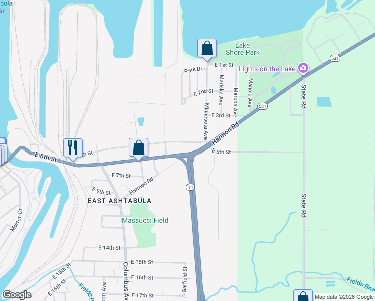 map of restaurants, bars, coffee shops, grocery stores, and more near 1249 E 6th St in Ashtabula