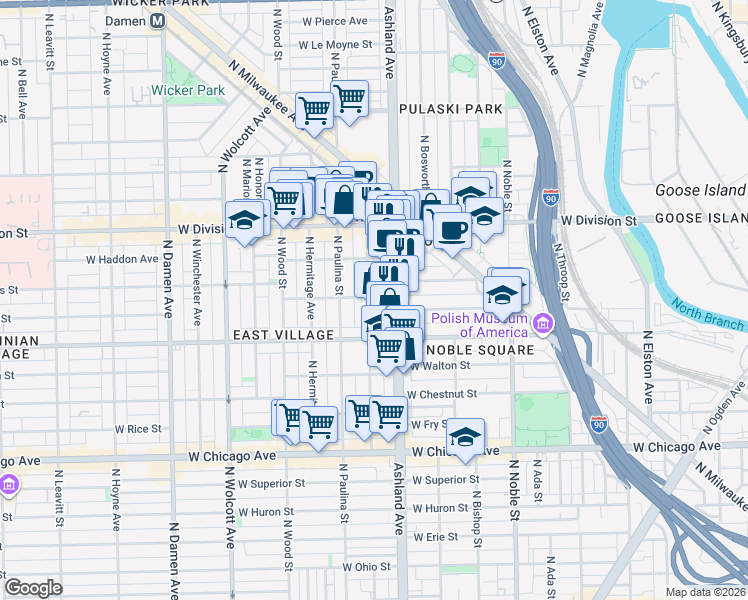 map of restaurants, bars, coffee shops, grocery stores, and more near 1040 North Marshfield Avenue in Chicago