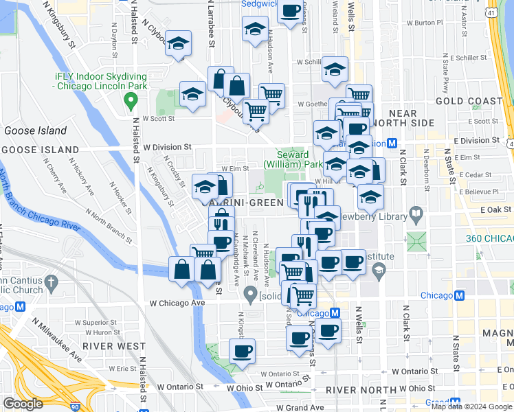 map of restaurants, bars, coffee shops, grocery stores, and more near 1017 North Cleveland Avenue in Chicago