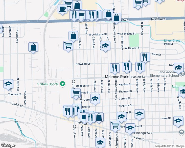 map of restaurants, bars, coffee shops, grocery stores, and more near 1512 North 22nd Avenue in Melrose Park