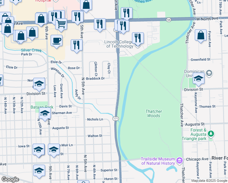 map of restaurants, bars, coffee shops, grocery stores, and more near 100 Division Street in Melrose Park