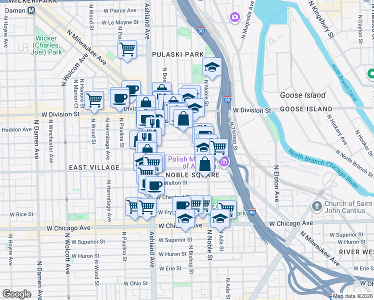 map of restaurants, bars, coffee shops, grocery stores, and more near 1450 West Cortez Street in Chicago