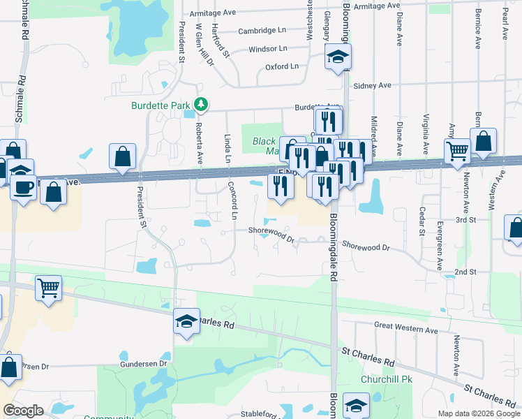 map of restaurants, bars, coffee shops, grocery stores, and more near 91 East North Avenue in Glendale Heights