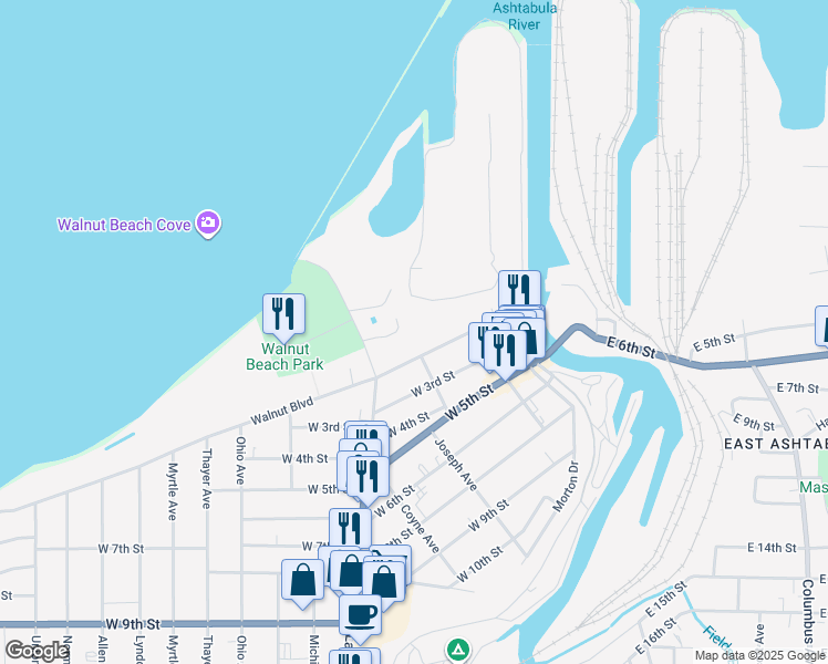 map of restaurants, bars, coffee shops, grocery stores, and more near 108 Franklin Avenue in Ashtabula