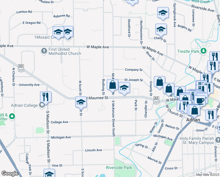map of restaurants, bars, coffee shops, grocery stores, and more near 134 Budlong Street in Adrian
