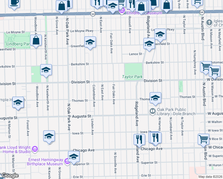 map of restaurants, bars, coffee shops, grocery stores, and more near 831 Fair Oaks Avenue in Oak Park