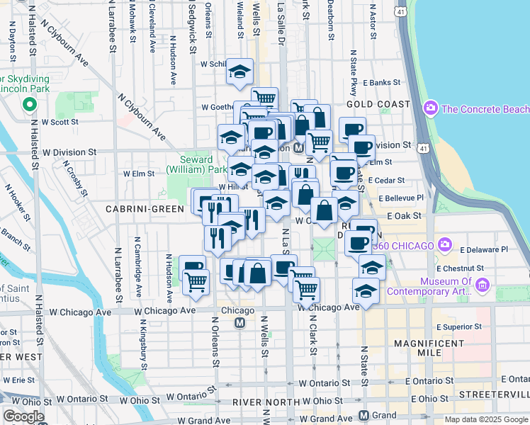 map of restaurants, bars, coffee shops, grocery stores, and more near 300 West Oak Street in Chicago