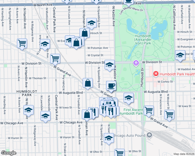 map of restaurants, bars, coffee shops, grocery stores, and more near 1064 North Spaulding Avenue in Chicago