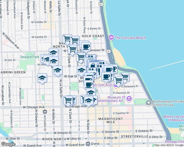 map of restaurants, bars, coffee shops, grocery stores, and more near 1003 North Rush Street in Chicago