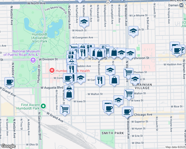 map of restaurants, bars, coffee shops, grocery stores, and more near 2625 West Thomas Street in Chicago