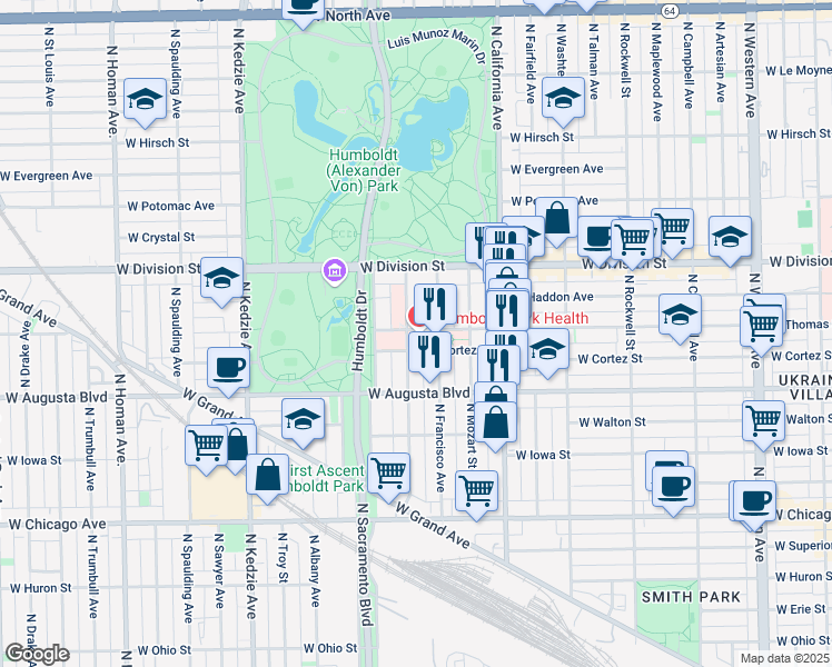 map of restaurants, bars, coffee shops, grocery stores, and more near 1057 N Richmond St in Chicago