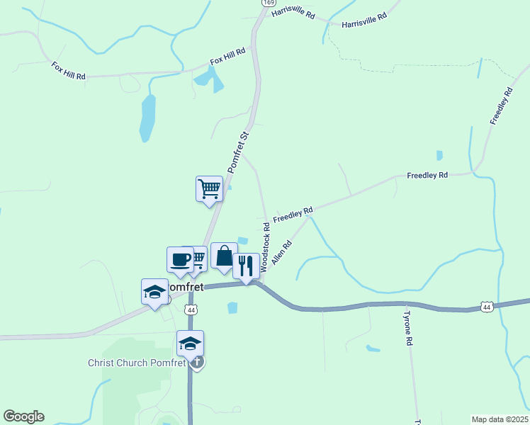 map of restaurants, bars, coffee shops, grocery stores, and more near Woodstock Road in Pomfret