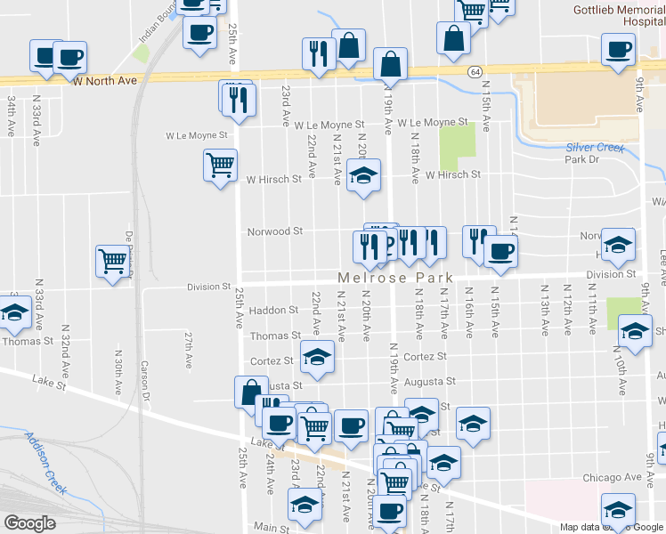 map of restaurants, bars, coffee shops, grocery stores, and more near 1512 North 21st Avenue in Melrose Park
