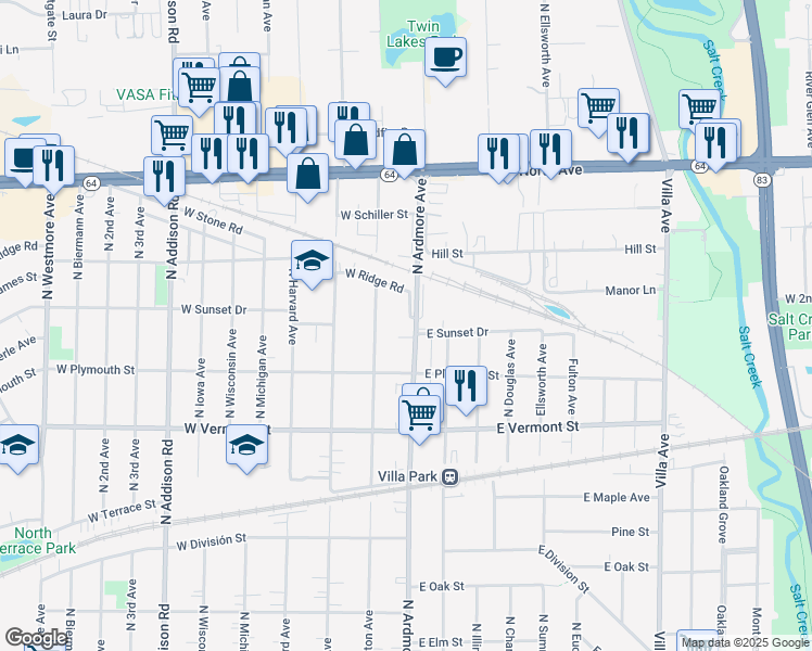 map of restaurants, bars, coffee shops, grocery stores, and more near 558 North Ardmore Avenue in Villa Park