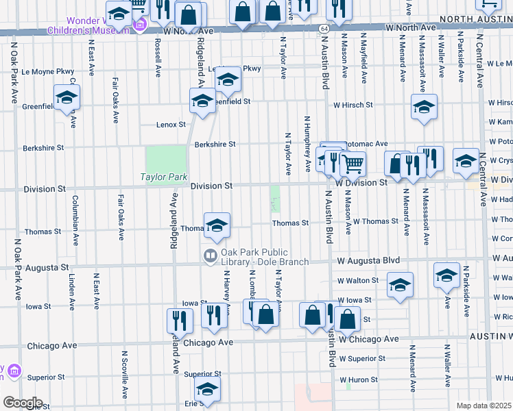 map of restaurants, bars, coffee shops, grocery stores, and more near 822 North Lombard Avenue in Oak Park