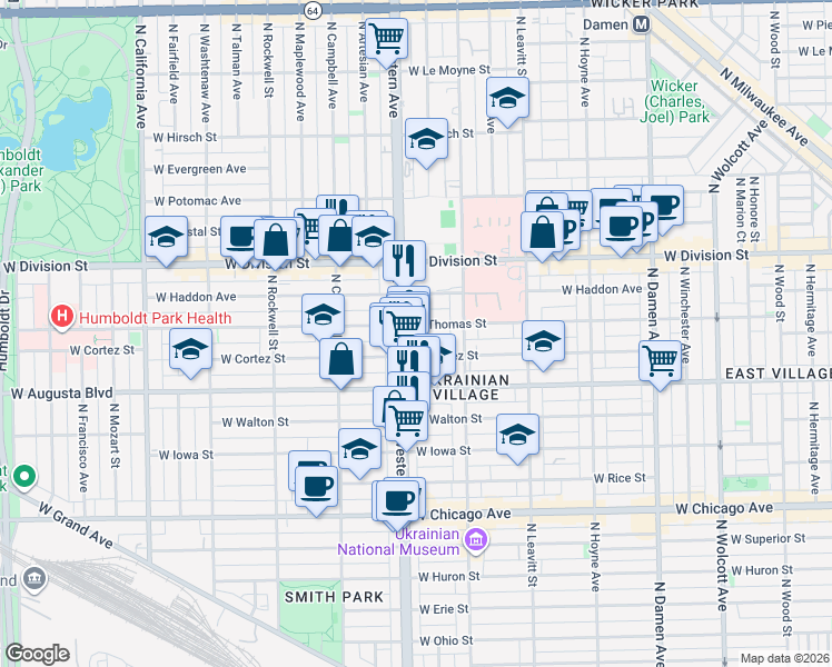 map of restaurants, bars, coffee shops, grocery stores, and more near 2347 West Thomas Street in Chicago