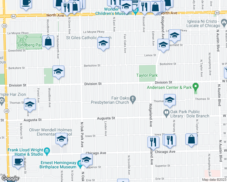 map of restaurants, bars, coffee shops, grocery stores, and more near 831 North East Avenue in Oak Park