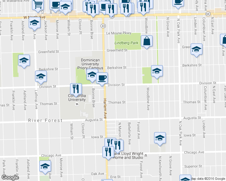 map of restaurants, bars, coffee shops, grocery stores, and more near 835 North Marion Street in Oak Park