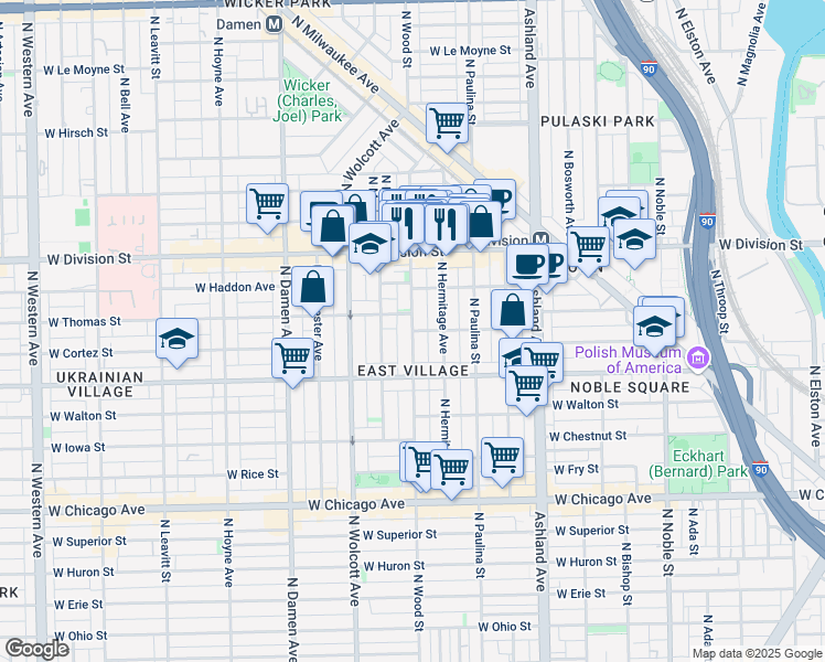 map of restaurants, bars, coffee shops, grocery stores, and more near W Cortez St & N Wood St in Chicago