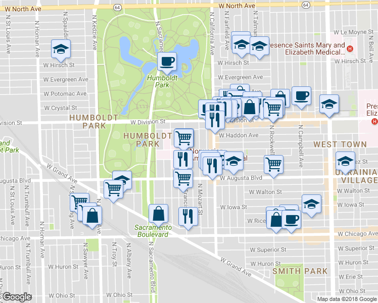 map of restaurants, bars, coffee shops, grocery stores, and more near 1057 North Francisco Avenue in Chicago
