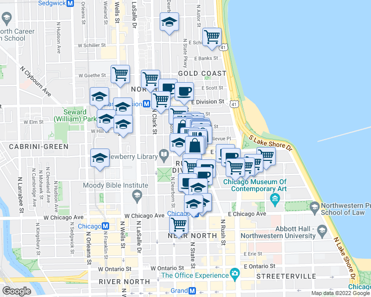 map of restaurants, bars, coffee shops, grocery stores, and more near 1022 North State Street in Chicago