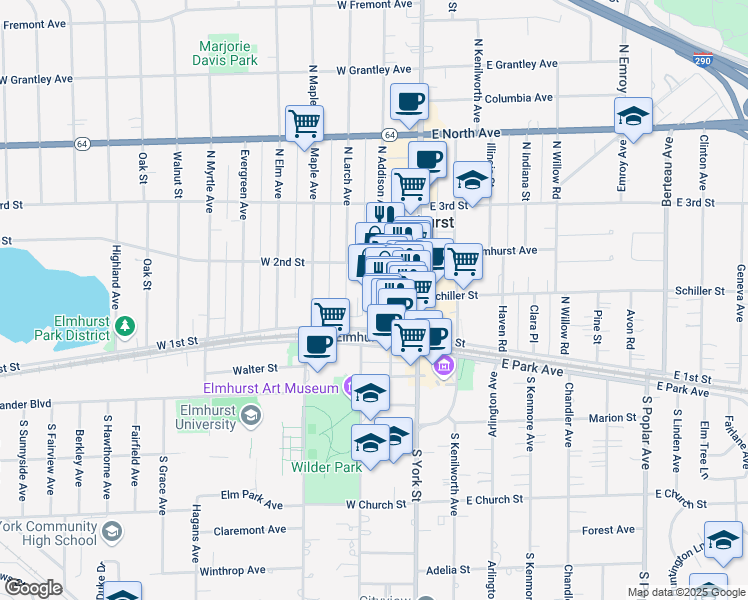 map of restaurants, bars, coffee shops, grocery stores, and more near 128 North Addison Avenue in Elmhurst