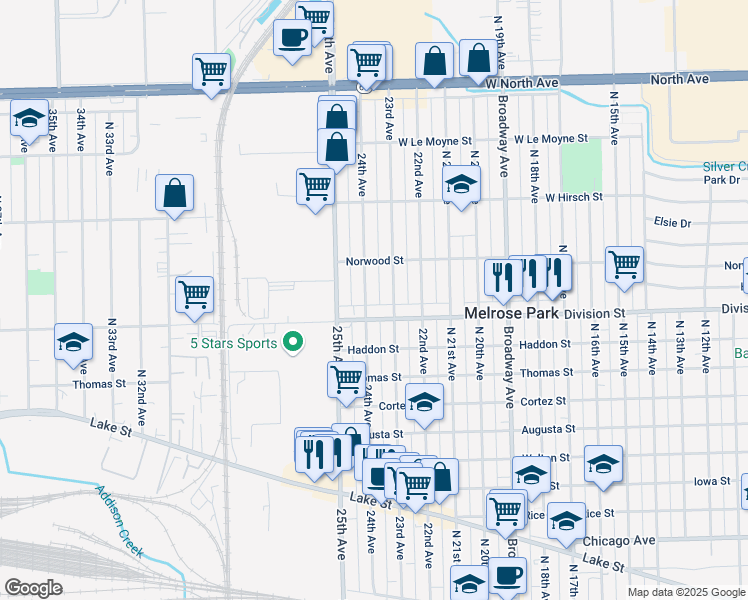 map of restaurants, bars, coffee shops, grocery stores, and more near 1515 North 24th Avenue in Melrose Park