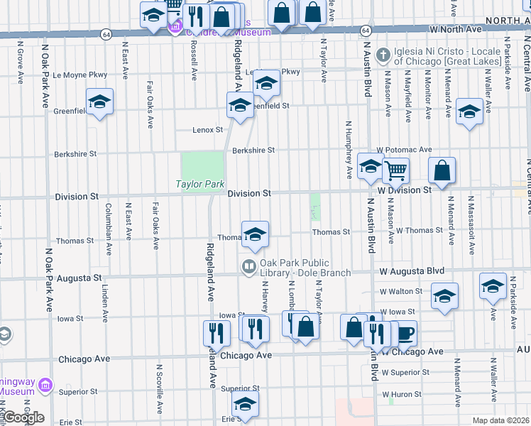 map of restaurants, bars, coffee shops, grocery stores, and more near 827 Mapleton Avenue in Oak Park