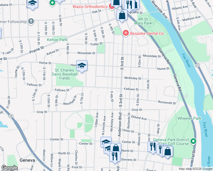 map of restaurants, bars, coffee shops, grocery stores, and more near 416 Fellows St in St Charles