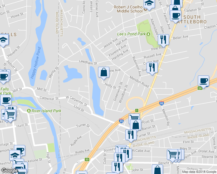 map of restaurants, bars, coffee shops, grocery stores, and more near 30 Deerfield Road in Attleboro